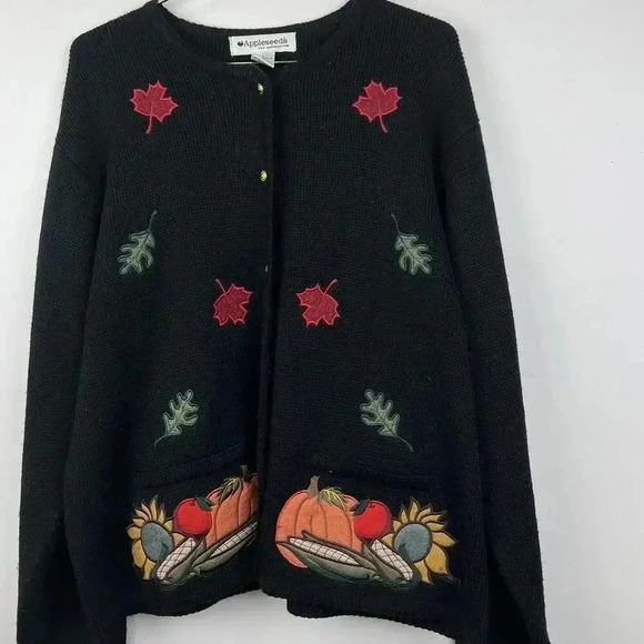 Appleseeds Black Autumn Cardigan with Embroidered Leaves and Harvest Design - Picture 2 of 4